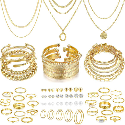 68 Pcs Gold Jewelry Set for Women with 7 Necklace, 17 Bracelet, 5 Hoop Earrings, 15 Stud Earrings, 24 Knuckle Rings