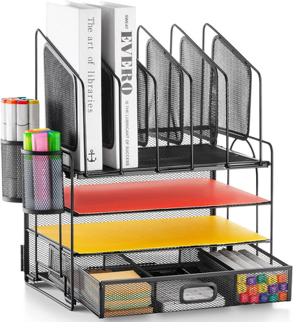 Desk organizer with Drawer, 4-Tier Mesh File Organizer with 5 Vertical File Holders and 2 Pen Holders, Multifunction