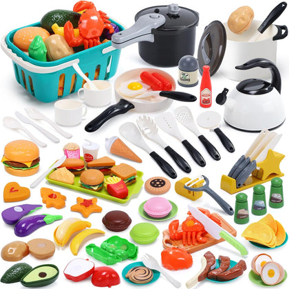 74-Pcs Kids Play Kitchen Accessories, Toddler Pretend Cooking Set, Toy Cookwares Set with Toy Pots and Pans, Cutting