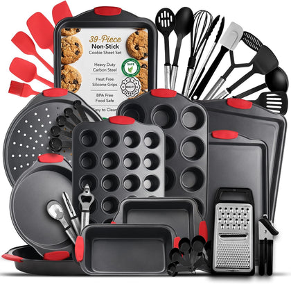 Nonstick Baking Sheet Set, 39-Piece Baking Pans Set with Silicone Handles, Carbon Steel Cookie Sheets for Baking