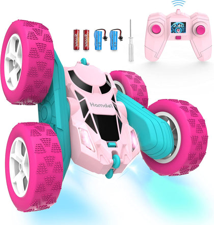 Pink Remote Control Car for Girls, 360° Flipping Stunt Car with LED Headlights, Rechargeable 4WD Electric Toy