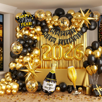 New Years Decorations 2026 Eve Party Supplies with Black Gold Confetti Balloons 2026 Number Balloons New Year Banner