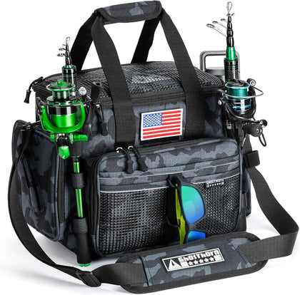 Large Fishing Tackle Bag with Rod Holder Waterproof Gear Storage | Waterproof Fishing Bag with Padded Shoulder Strap