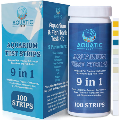9-in-1 Aquarium Water Test Kit - 100 Freshwater & Saltwater Test Strips | Fish Tank Kit for pH, Nitrate, Nitrite