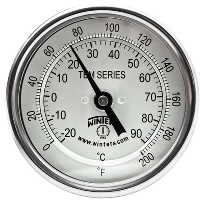 Winters TBM Series Stainless Steel 304 Dual Scale Bi-Metal Thermometer, 6" Stem, 1/2" NPT Fixed Center Back Mount Connection, 3" Dial, 0-200 F/C Range