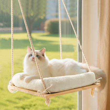 Cat Window Perch, Window Hammock for Cats with Solid Wood Seat 4 Heavy Duty Suction Cups, Plush Cushion, Indoor Cat Bed