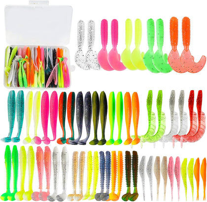 Soft Fishing Lures Set with Tackle Box, 6.5cm/8cm Paddle Tail Swimbaits, 60PCS Soft Plastic Baits with Curly Tails