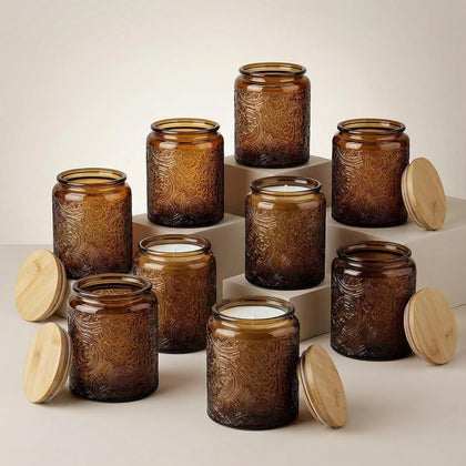 8 oz Mocha Sun Moon Stars Candle Jars with Bamboo Lids, 9 Pack | Patented Embossed Design, Includes Wick Centering