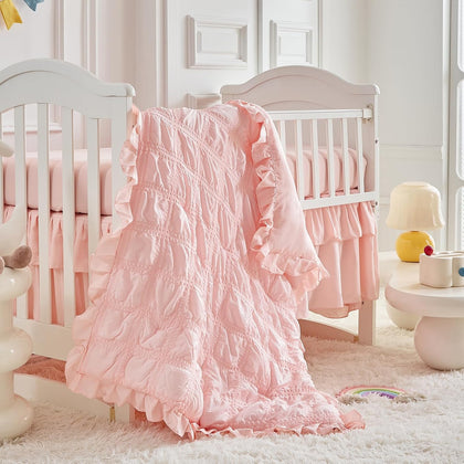 Ruffled Crib Bedding Set Baby Boho Quilted Comforter with Fitted Sheet and Bed Skirt - Cute Soft Breathable