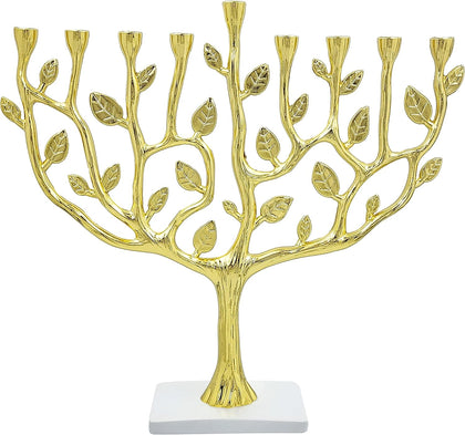 Large Gold Hanukkah Menorah Tree of Life with Stone Base 11 Imces Long