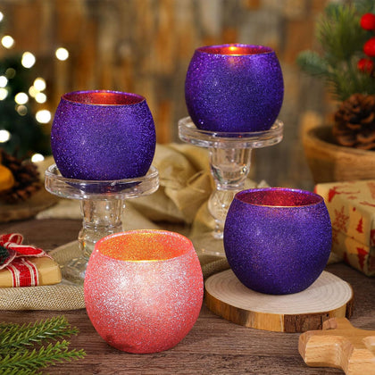 4 Set Christmas Advent Candle Holders Glass Glitter Tealight