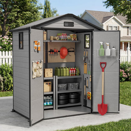 6X4FT Plastic Storage Shed with Floor, Resin Storage Shed with Drainage Channel & Lockable Door, Outdoor Plastic