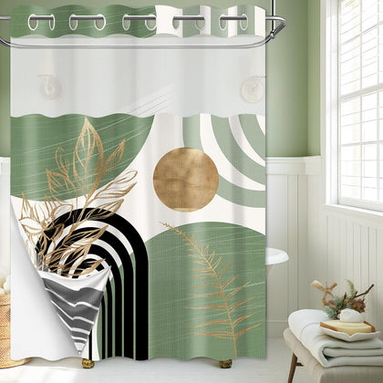 Sage Green Hookless Shower Curtain with Snap in Liner, Boho Mid Century Black and Light Green No Hook Double Layer