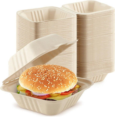 Clamshell Take Out Food Containers 6" x 6” (50 Pack) 1-Compartment, Disposable To Go Container, Togo Boxes With Lids