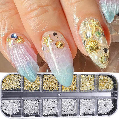 12 Grids Star Nail Charms, Gold Silver 3D Star Nail Art Decorations, 4-Pointed Star Metal Nail Studs, Starburst Nail