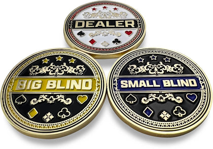 Set of 3 Metal Poker Buttons - Dealer Button, Big Blind and Small Blind | Metal poker position markers for Texas Hold