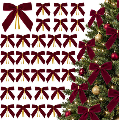 30PCS Christmas Burgundy Velvet Ribbon Bows with Gold Twist Tie