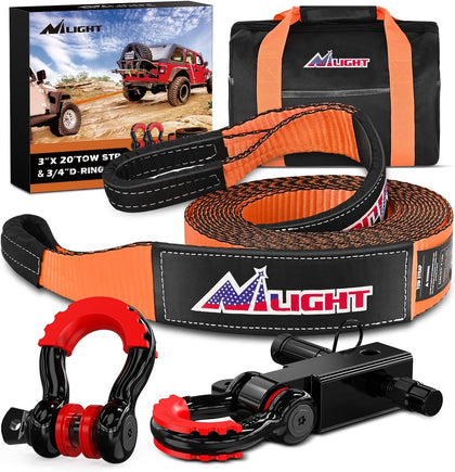 3" x20' Tow Strap Kit 2" Receiver 3/4" Anti-Theft D-Ring Shackles