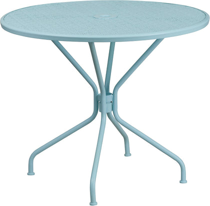 35.25" Round Patio Table with Umbrella Hole, Sky Blue