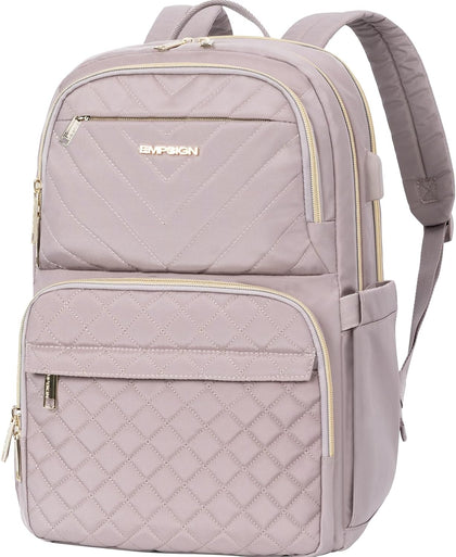 Laptop Backpack Purse for Women and Men with USB Charging Port, 15.6 Inch Travel Water Resistant Quilted Backpack