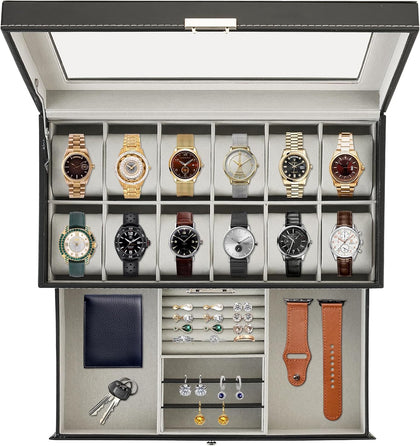 12 Slots Watch Case with Lockable Watch Jewelry Box for Women Men | Jewelry Display Case, Leather Watch Organizer