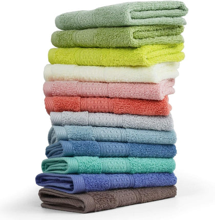 100% Cotton Washcloths 12 Pack Showering, 13” x 13”, 12 Colors | Large Bathroom Washcloth Set with 12 Assorted