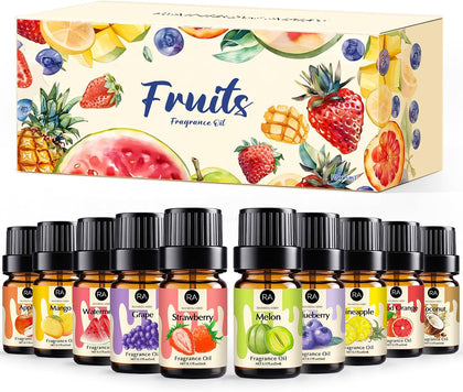 Fruity Fragrance Oil for Candle & Soap Making, 10 Fruit Scents in 5ML Bottles, Coconut, Strawberry, Watermelon