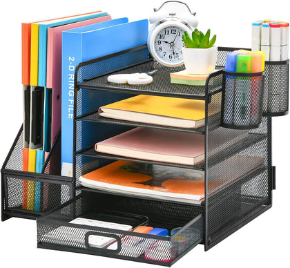 Desk Organizer with File Holder, 5-Tier Paper Letter Tray Organizer with Drawer and 2 Pen Holder, Mesh Desktop