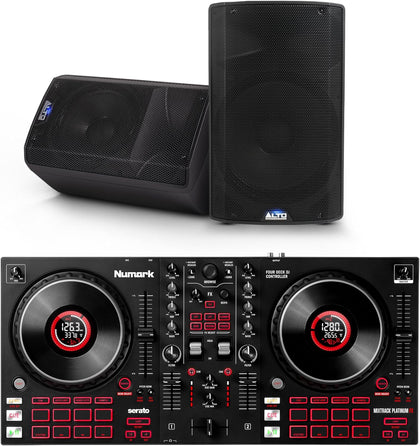 Mixtrack Platinum FX DJ Controller and ALTO TX410 Powered PA Speakers Pair for Live Music, DJ sets, Events, Music