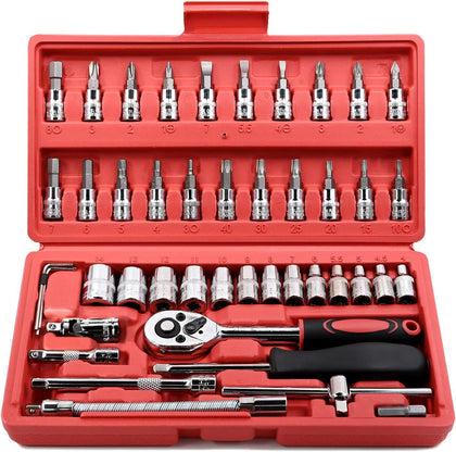 46 Pieces 1/4 inch Drive Socket Ratchet Wrench Set, with Bit Socket Set Metric and Extension Bar for Auto Repairing