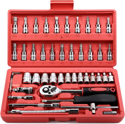 46 Pieces 1/4 inch Drive Socket Ratchet Wrench Set, with Bit Socket Set Metric and Extension Bar for Auto Repairing