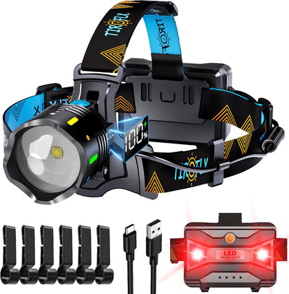 12 Modes 210000 Lux Headlamp Motion Sensor Red Warning Adjustable Focus Energy Saving, More Than 30Dys Standby Head