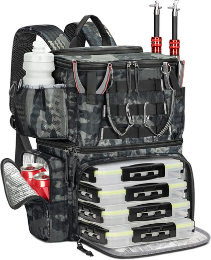 Fishing Backpack with 4 Tackle Boxes, Fishing Bag with Rod Holder | 3600 Tackle Box 4 Pack, Water Resistant Tackle