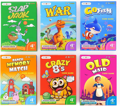 Upgraded Kids Card Games Pack, 6 Decks, Go Fish, Old Maid, Crazy Eights, Memory Match, Slap Jack, War, Playing Cards