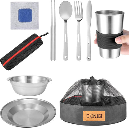 Outdoor Camping Mess Kit - 1 to 2 persons Camping Dishes Includes Cups, Bowls, Dishes, Knives, Forks, Spoons, Etc