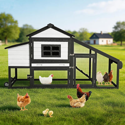 Mobile Chicken Tractor with 2 Nesting Boxes, 81" Large Wooden Chicken Coop for 2-4 Chickens, Predator Proof Poultry