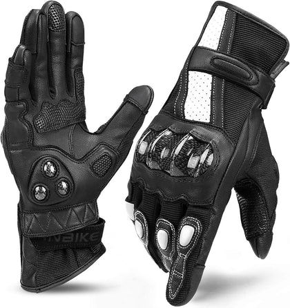 Leather Motorcycle Gloves with Carbon Fiber Hard Knuckle Touch Screen for Women Black Medium