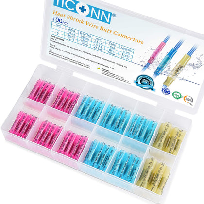 100PCS Heat Shrink Butt Wire Connector Kit, Insulated Waterproof Electrical Wire Crimp Terminals Butt Splice for