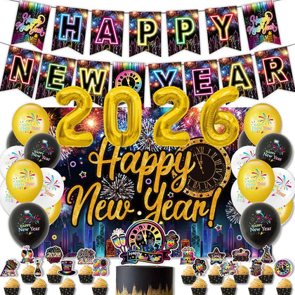 Neon Happy New Years Eve Party Decorations Supplies 2026 - Rainbow NYE Decorations Backdrop Banner, 2026 Foil