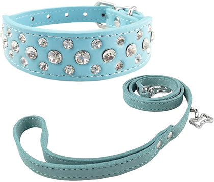 Fashion Dog Collar and Lead Set Bling Puppies Collar Cute Diamante Dog Collar with Leashes - Blue - M