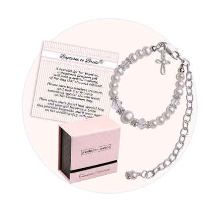 Baptism to Bride Cross Bracelet Gift for Girls in 925 Sterling Silver and Cultured Pearl