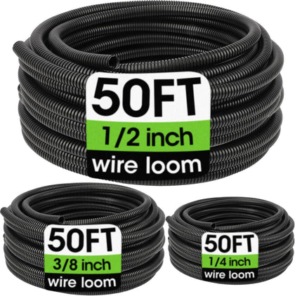 Wire Loom 1/4", 1/2", 3/8 Inch x 50 FT, Split Wire Loom Tubing Wire Conduit, Cable Sleeves Bulk Flexible Electrical