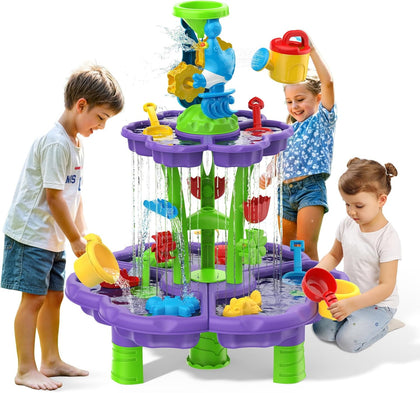 Kids Flower Water Sand Table for Toddlers - 2-Tier Outdoor Water Sand Play Table Toys for Boys Girls, Summer Splash