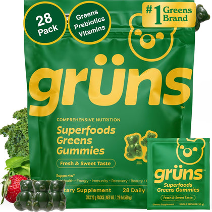 Gruns Adult Super Greens Multivitamin Gummies, Superfood Gummy Vitamins for Women and Men with Spirulina, Chlorella