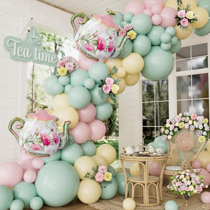 Tea Party Balloon Garland Arch Kit, 144Pcs Pastel Pink Green Yellow Balloons with Large Teapot Foil Balloons, Vintage