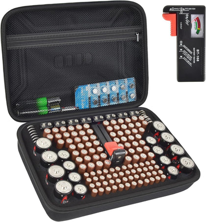 Battery Organizer Storage Case Box with Tester Checker, 220+ Batteries Holder Bag fits for AA AAA AAAA 9V C D Home