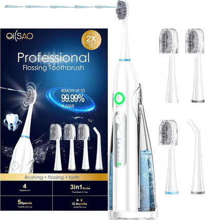 Electric Toothbrush with Water Flosser -Cordless 3-in-1 Flossing Toothbrush Sonic 2.0 for Braces & Travel, 30-Day