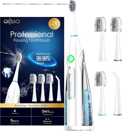 Electric Toothbrush with Water Flosser -Cordless 3-in-1 Flossing Toothbrush Sonic 2.0 for Braces & Travel, 30-Day