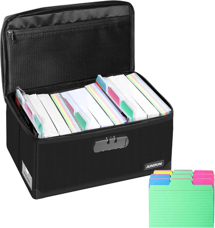 Index Card Holder with 48 Pieces 3x5 Inch Index Card Dividers | Collapsible Fireproof Index Card Box with Lock fits