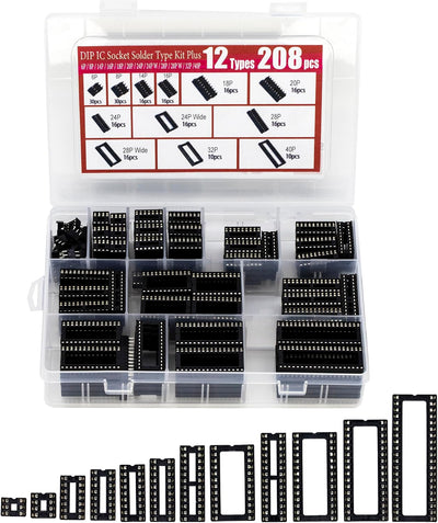208pcs 12 Types DIP IC Socket Assortment Kit 2.54mm 0.1" Pitch 6 8 14 16 18 20 24 24Wide 28 28Wide 32 40 Pin DIP IC Socket Solder Type Adaptor Assortment Kits